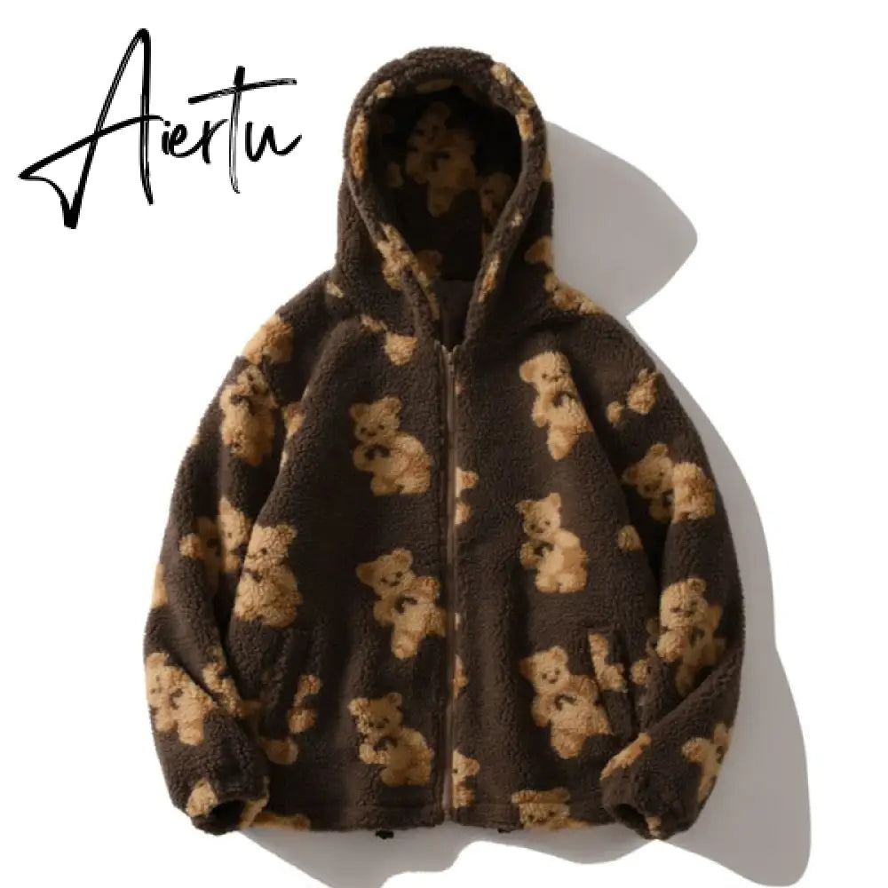 Harajuku Heart-shaped Print Plush Jacket Women Winter Korean Long Sleeve Hooded Coat Thick Warm Couple Streetwear Outerwear Aiertu