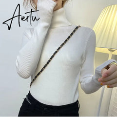 Harajuku Pullover Turtleneck Sweater Women Fall Soft Knit Sweater Slim Elastic Korean Simple Basic Cheap Jumper Solid Tops Aiertu