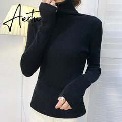Harajuku Pullover Turtleneck Sweater Women Fall Soft Knit Sweater Slim Elastic Korean Simple Basic Cheap Jumper Solid Tops Aiertu