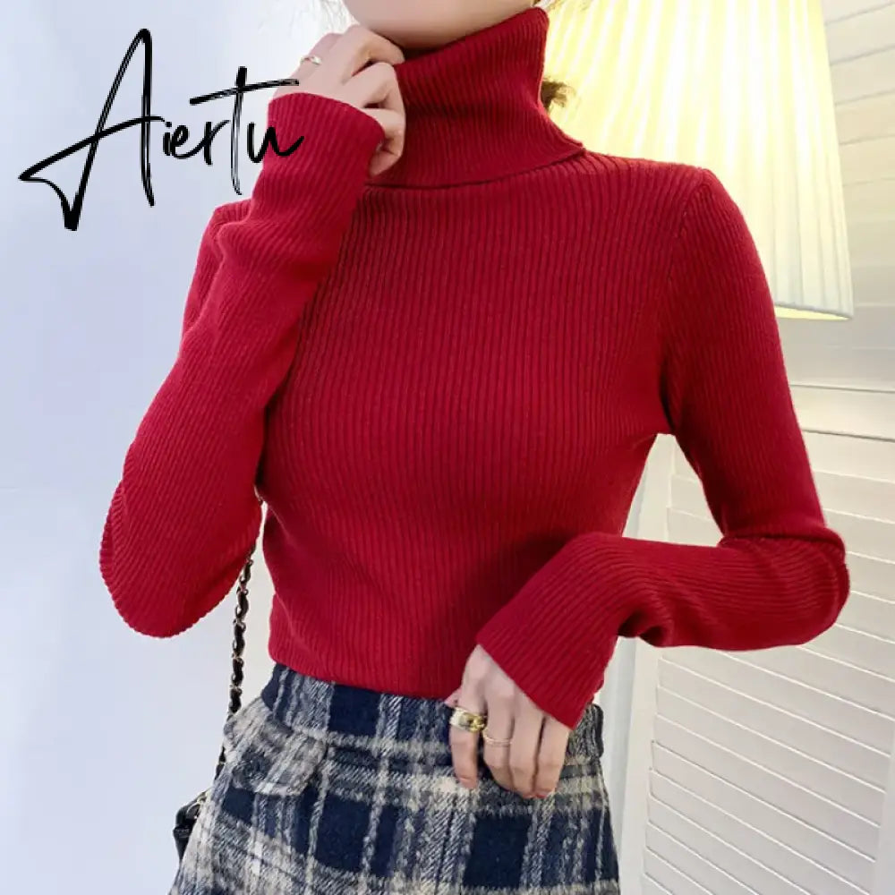 Harajuku Pullover Turtleneck Sweater Women Fall Soft Knit Sweater Slim Elastic Korean Simple Basic Cheap Jumper Solid Tops Aiertu