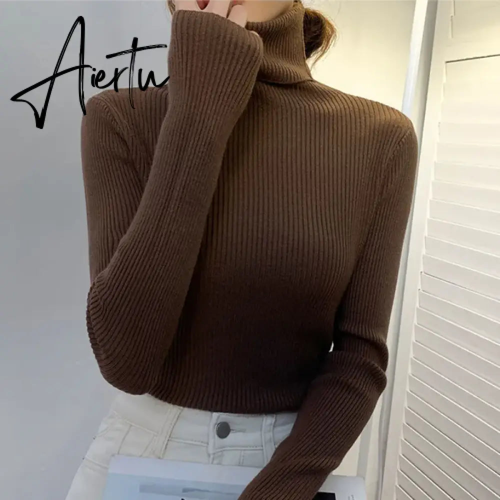 Harajuku Pullover Turtleneck Sweater Women Fall Soft Knit Sweater Slim Elastic Korean Simple Basic Cheap Jumper Solid Tops Aiertu