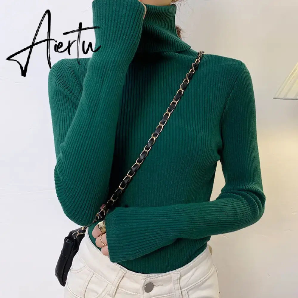 Harajuku Pullover Turtleneck Sweater Women Fall Soft Knit Sweater Slim Elastic Korean Simple Basic Cheap Jumper Solid Tops Aiertu