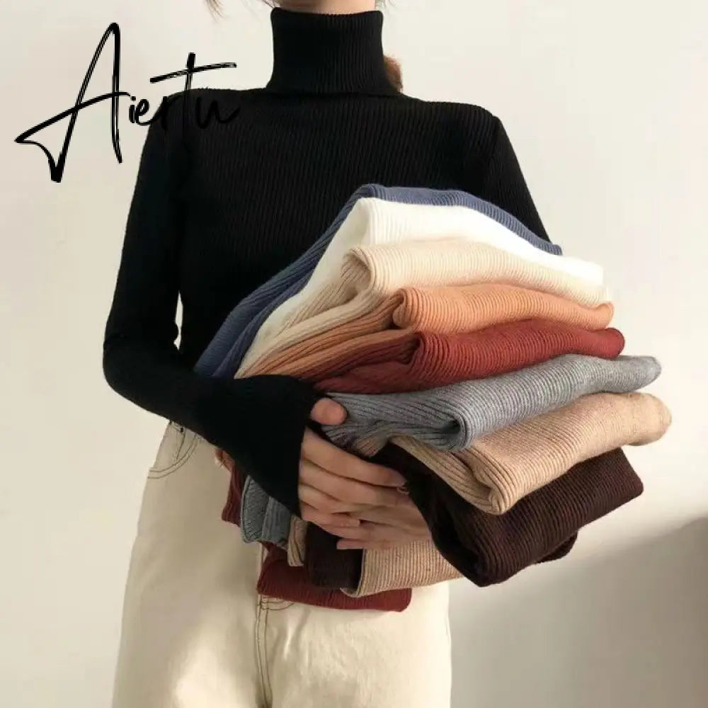 Harajuku Pullover Turtleneck Sweater Women Fall Soft Knit Sweater Slim Elastic Korean Simple Basic Cheap Jumper Solid Tops Aiertu