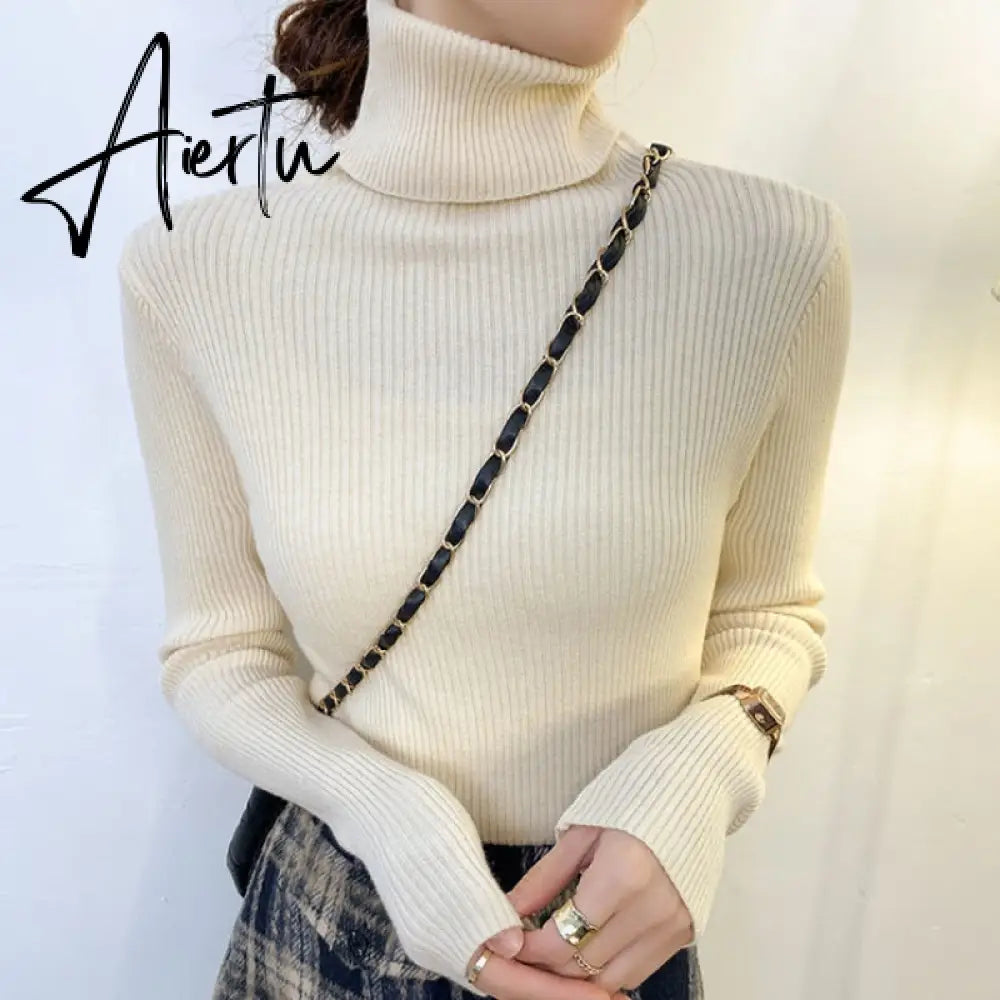 Harajuku Pullover Turtleneck Sweater Women Fall Soft Knit Sweater Slim Elastic Korean Simple Basic Cheap Jumper Solid Tops Aiertu