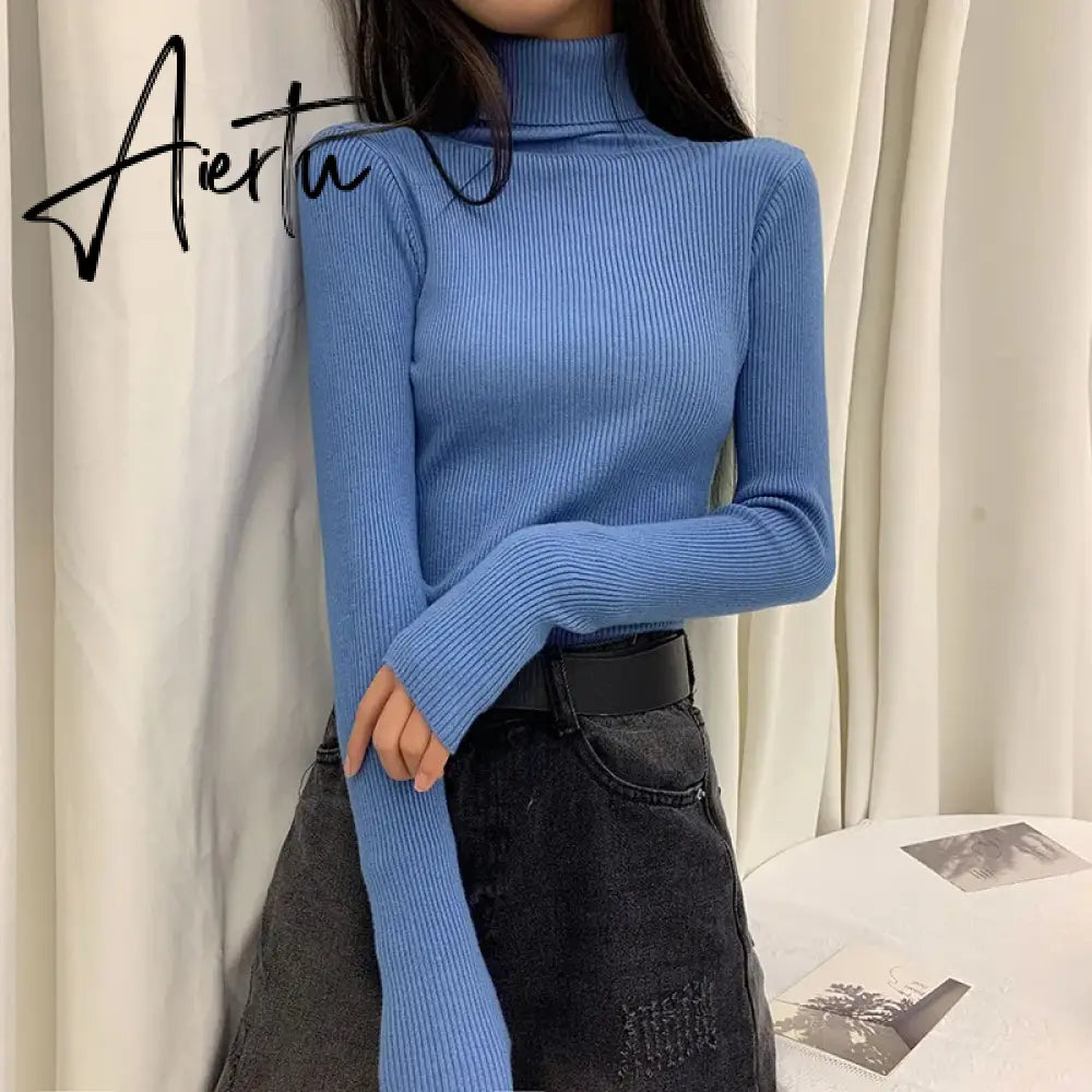 Harajuku Pullover Turtleneck Sweater Women Fall Soft Knit Sweater Slim Elastic Korean Simple Basic Cheap Jumper Solid Tops Aiertu