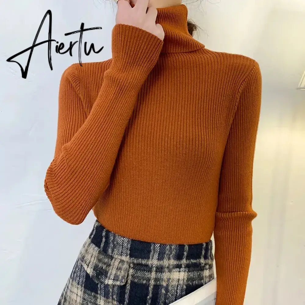 Harajuku Pullover Turtleneck Sweater Women Fall Soft Knit Sweater Slim Elastic Korean Simple Basic Cheap Jumper Solid Tops Aiertu