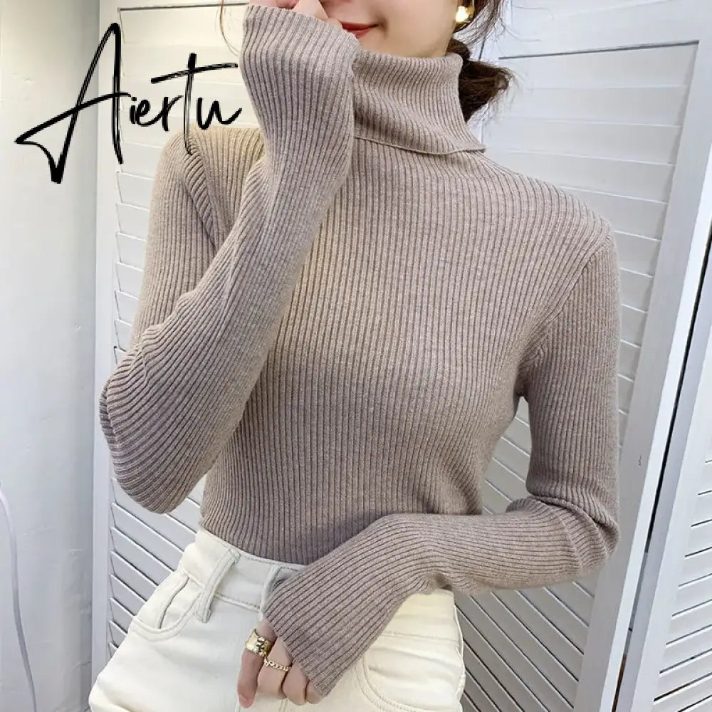 Harajuku Pullover Turtleneck Sweater Women Fall Soft Knit Sweater Slim Elastic Korean Simple Basic Cheap Jumper Solid Tops Aiertu