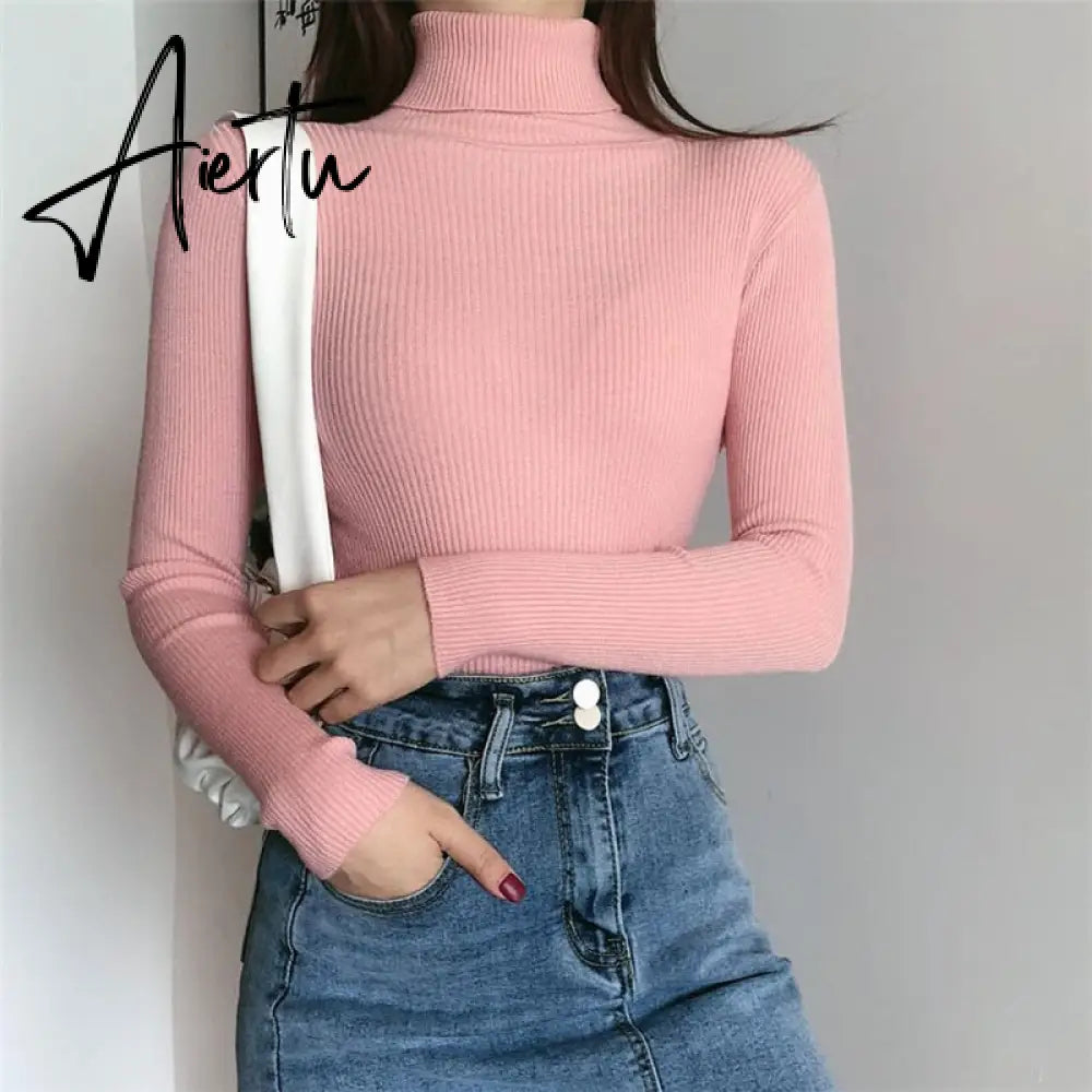 Harajuku Pullover Turtleneck Sweater Women Fall Soft Knit Sweater Slim Elastic Korean Simple Basic Cheap Jumper Solid Tops Aiertu
