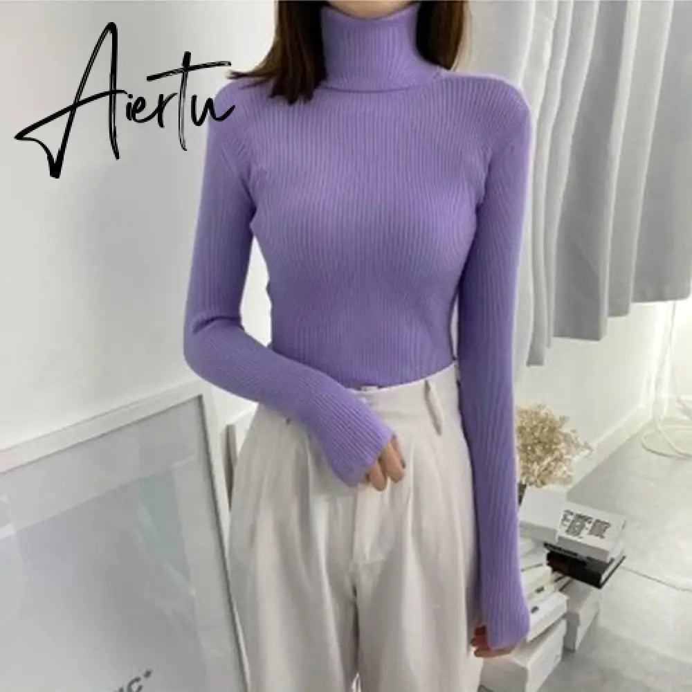 Harajuku Pullover Turtleneck Sweater Women Fall Soft Knit Sweater Slim Elastic Korean Simple Basic Cheap Jumper Solid Tops Aiertu