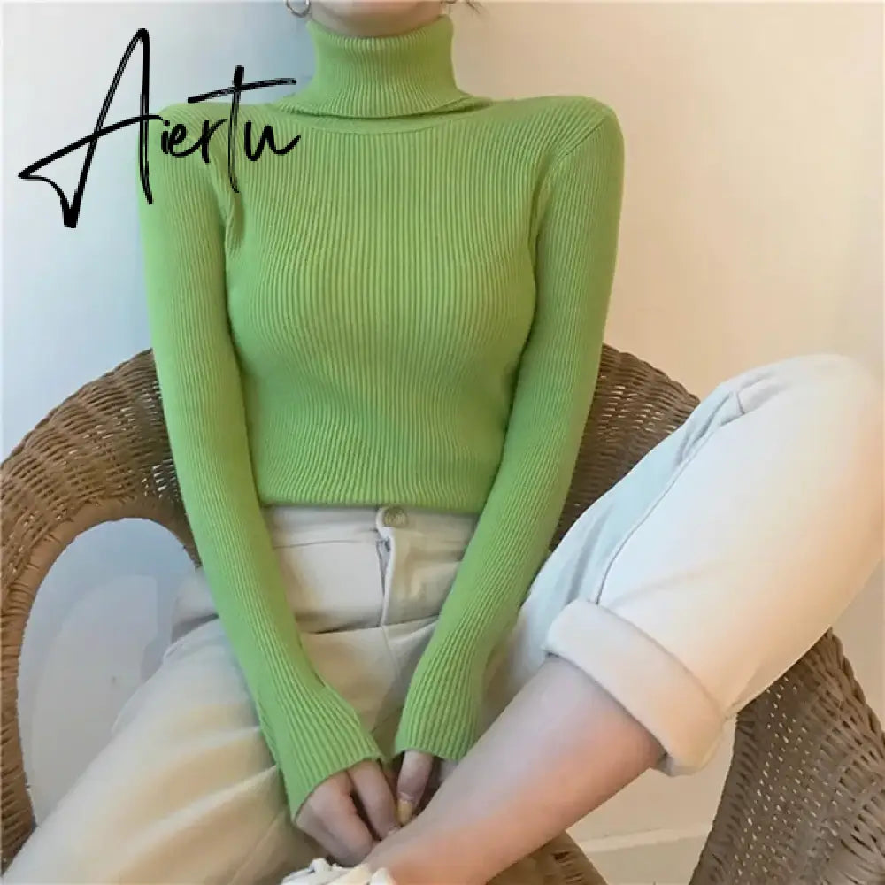Harajuku Pullover Turtleneck Sweater Women Fall Soft Knit Sweater Slim Elastic Korean Simple Basic Cheap Jumper Solid Tops Aiertu