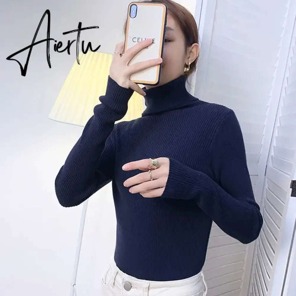 Harajuku Pullover Turtleneck Sweater Women Fall Soft Knit Sweater Slim Elastic Korean Simple Basic Cheap Jumper Solid Tops Aiertu