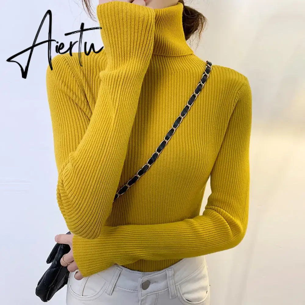 Harajuku Pullover Turtleneck Sweater Women Fall Soft Knit Sweater Slim Elastic Korean Simple Basic Cheap Jumper Solid Tops Aiertu