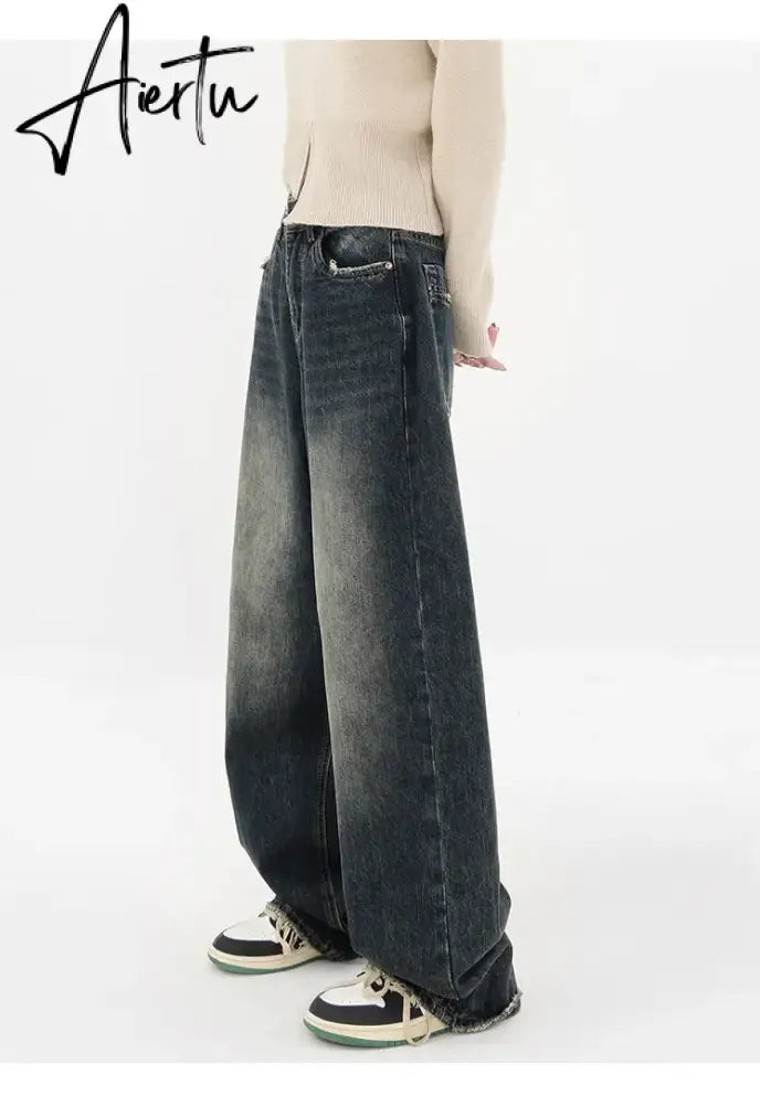 Harajuku Streetwear Retro Fashion Autumn Women High Waist Jeans Loose Wide Leg Straight Loose Denim Trousers Y2K Baggy Pants Aiertu