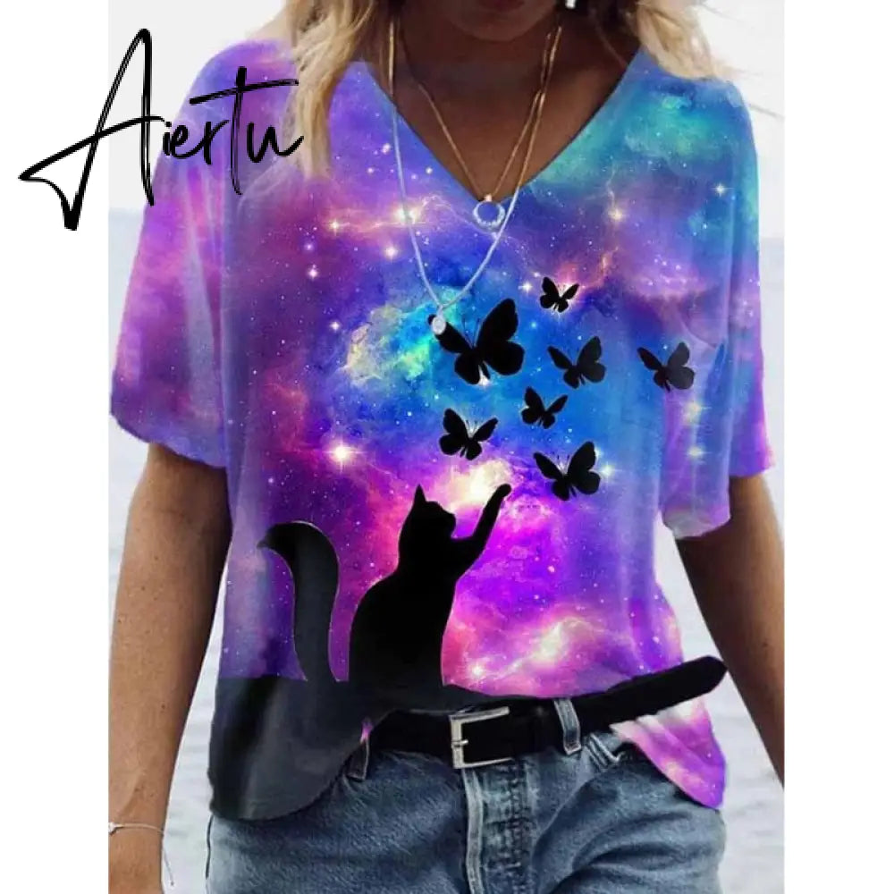 Harajuku Streetwear Tshirts Summer Vintage Printed Tops Women Casual Short Sleeve V-neck Plus Size Tee Shirt Femme Lady Clothes Aiertu