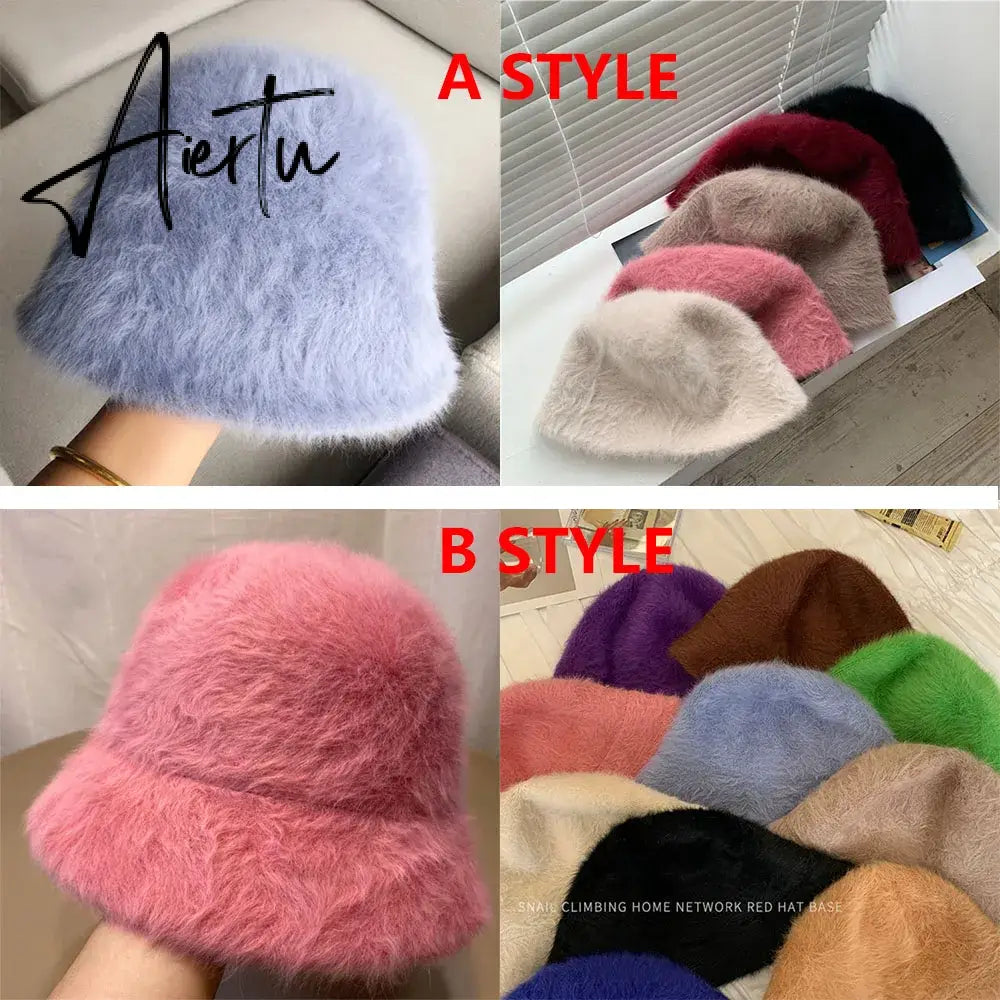 Hat winter women's fashion Solid color rabbit fur hat bucket cap  fisherman's hat retro knitted wool basin Bucket Hat Aiertu