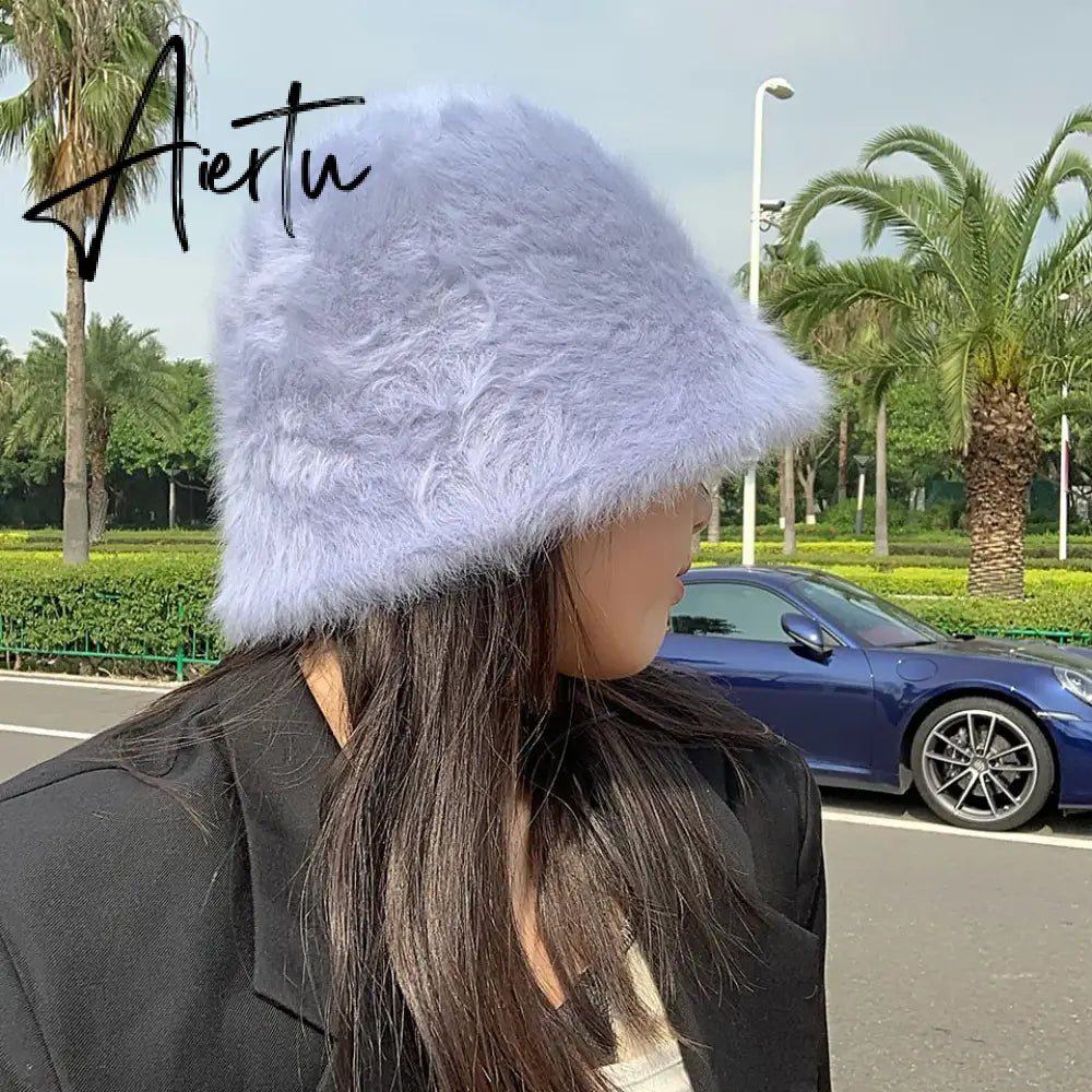 Hat winter women's fashion Solid color rabbit fur hat bucket cap  fisherman's hat retro knitted wool basin Bucket Hat Aiertu