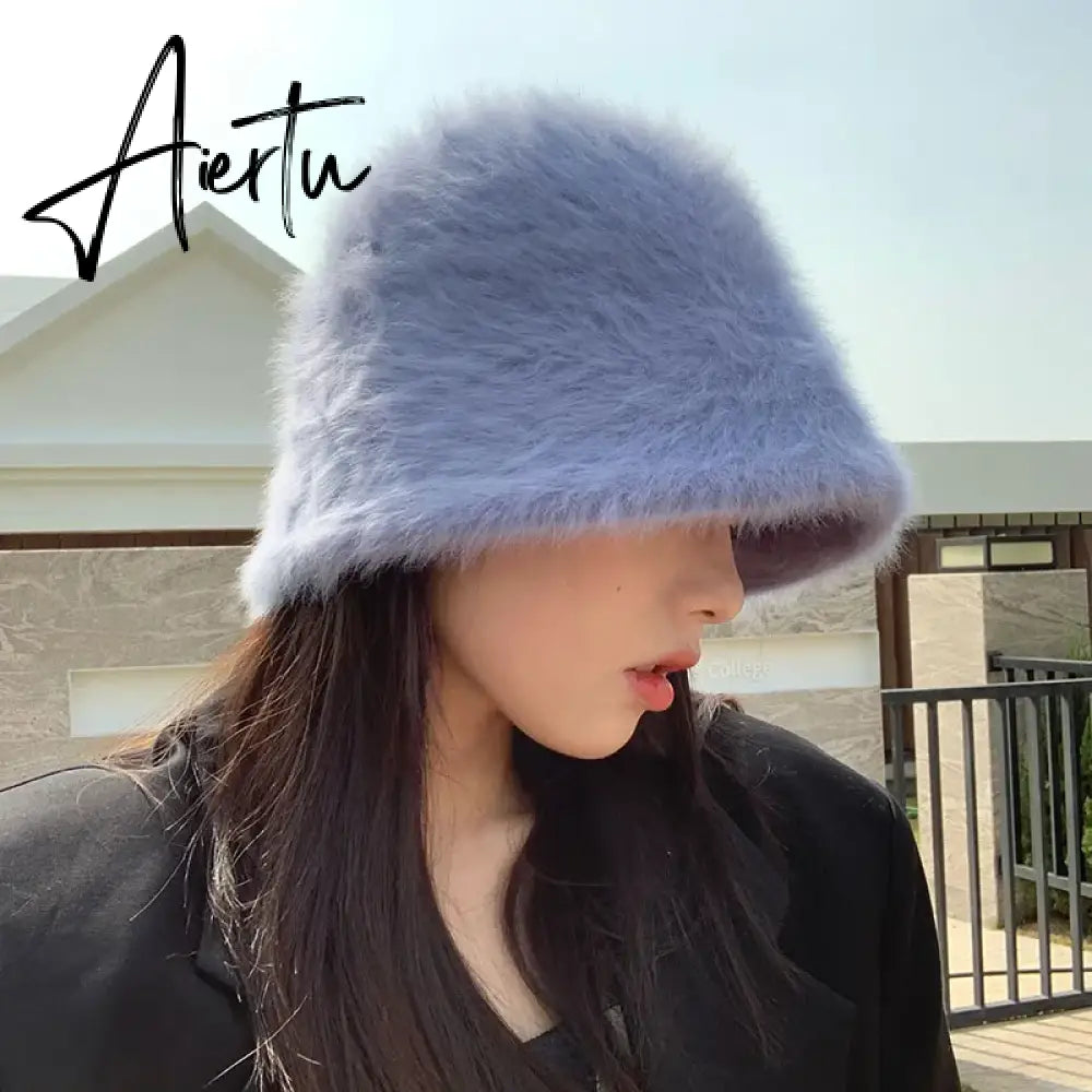 Hat winter women's fashion Solid color rabbit fur hat bucket cap  fisherman's hat retro knitted wool basin Bucket Hat Aiertu