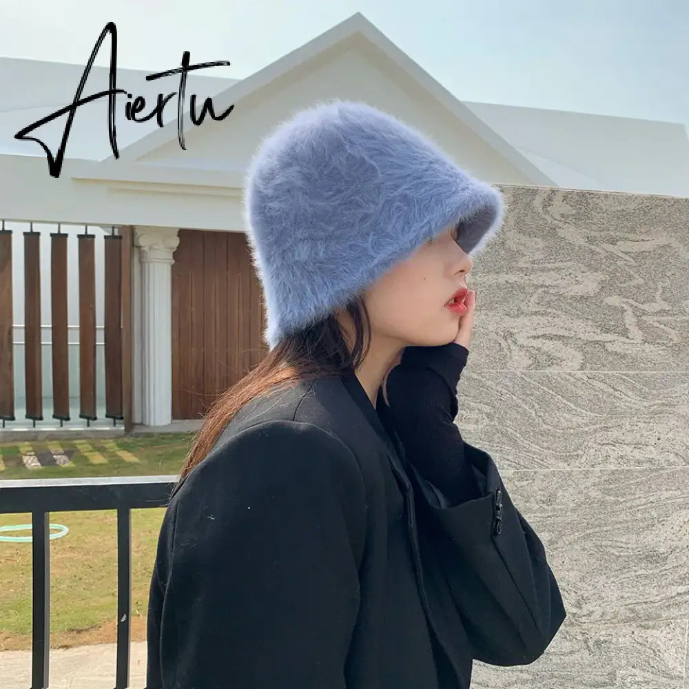 Hat winter women's fashion Solid color rabbit fur hat bucket cap  fisherman's hat retro knitted wool basin Bucket Hat Aiertu