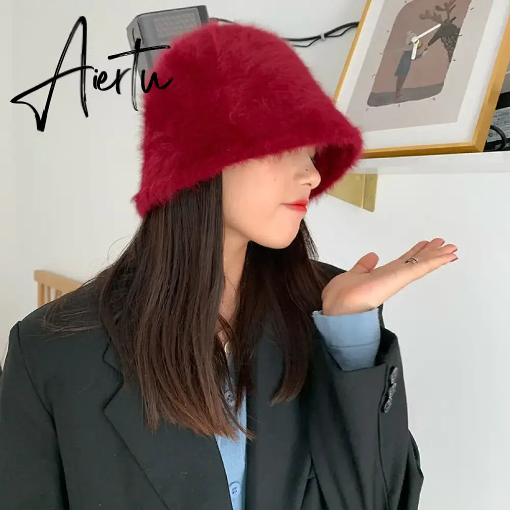 Hat winter women's fashion Solid color rabbit fur hat bucket cap  fisherman's hat retro knitted wool basin Bucket Hat Aiertu