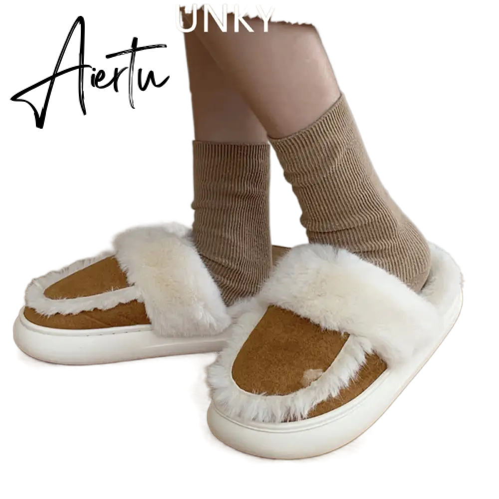 Hausschuhe Winter Shoes for Women Faux Fur Sherpa Slippers Indoor Home House Shoes Keep Warm Non-slip Short Plush Couple Shoes Aiertu