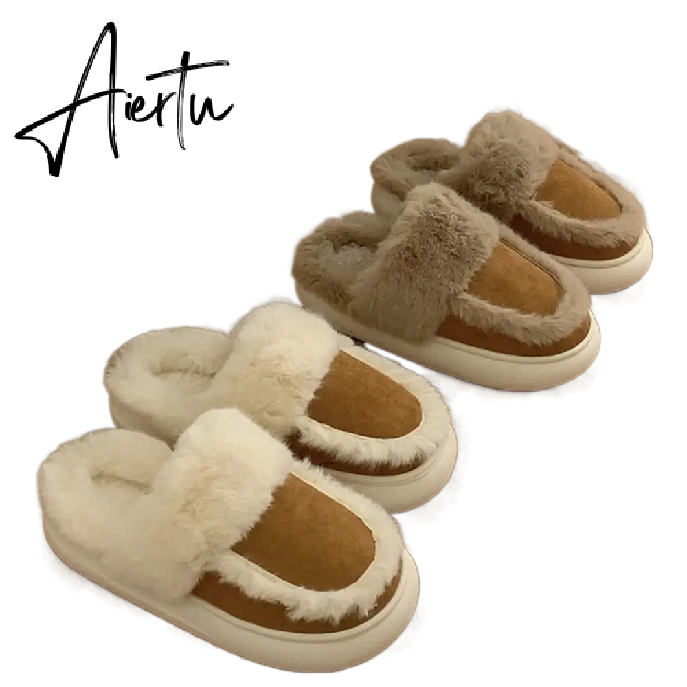 Hausschuhe Winter Shoes for Women Faux Fur Sherpa Slippers Indoor Home House Shoes Keep Warm Non-slip Short Plush Couple Shoes Aiertu