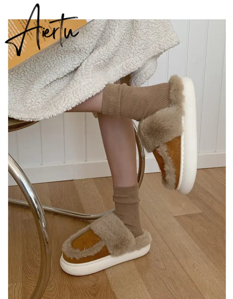 Hausschuhe Winter Shoes for Women Faux Fur Sherpa Slippers Indoor Home House Shoes Keep Warm Non-slip Short Plush Couple Shoes Aiertu