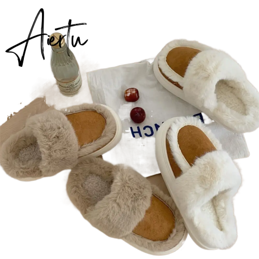 Hausschuhe Winter Shoes for Women Faux Fur Sherpa Slippers Indoor Home House Shoes Keep Warm Non-slip Short Plush Couple Shoes Aiertu