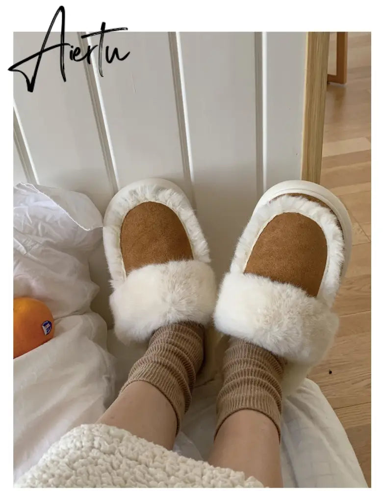 Hausschuhe Winter Shoes for Women Faux Fur Sherpa Slippers Indoor Home House Shoes Keep Warm Non-slip Short Plush Couple Shoes Aiertu