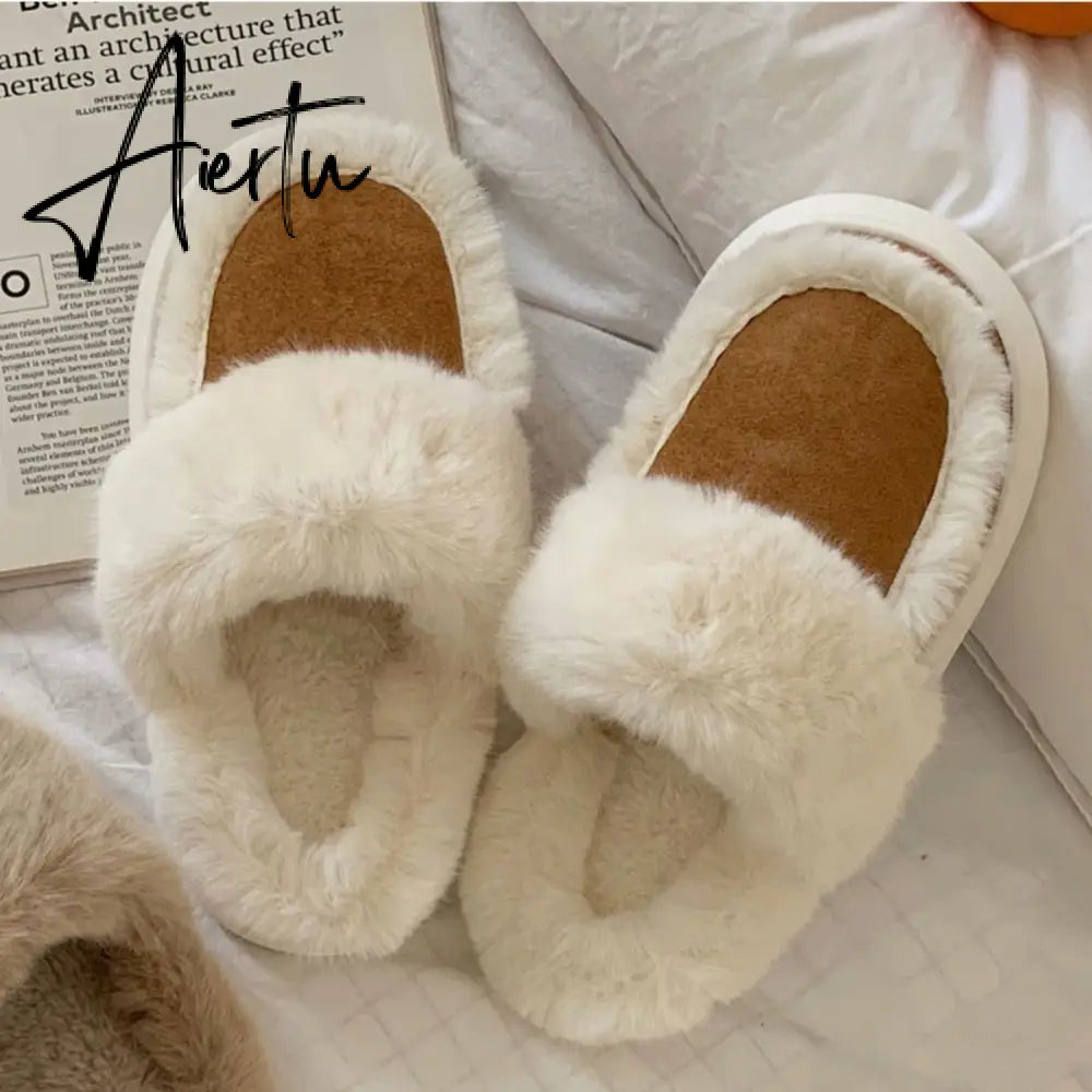 Hausschuhe Winter Shoes for Women Faux Fur Sherpa Slippers Indoor Home House Shoes Keep Warm Non-slip Short Plush Couple Shoes Aiertu