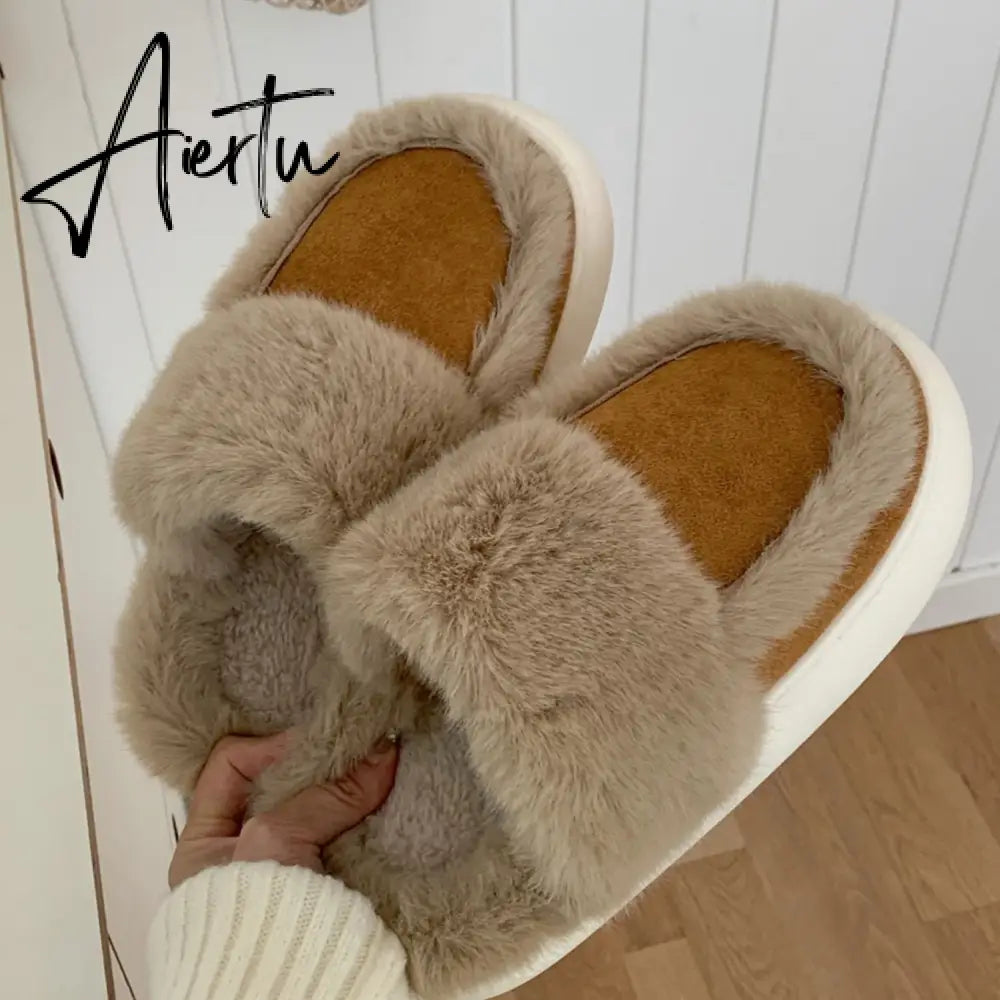 Hausschuhe Winter Shoes for Women Faux Fur Sherpa Slippers Indoor Home House Shoes Keep Warm Non-slip Short Plush Couple Shoes Aiertu