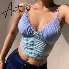 HEYounGIRL Summer Patchwork Mesh Sexy Crop Top T Shirt Ladies Backless Milkmaid Sleeveless Top Women V Neck Frill Tshirt Party Aiertu