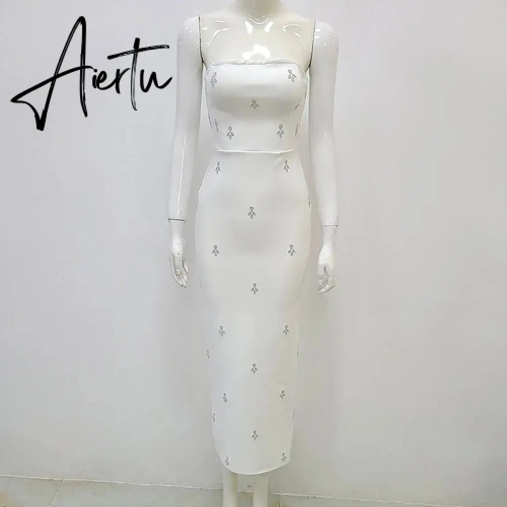 High Quality Fashion Women Elegant Luxury Bodycon White Sexy Strapless Backless Crystal Diamond Long Bandage Dress Party Prom Aiertu