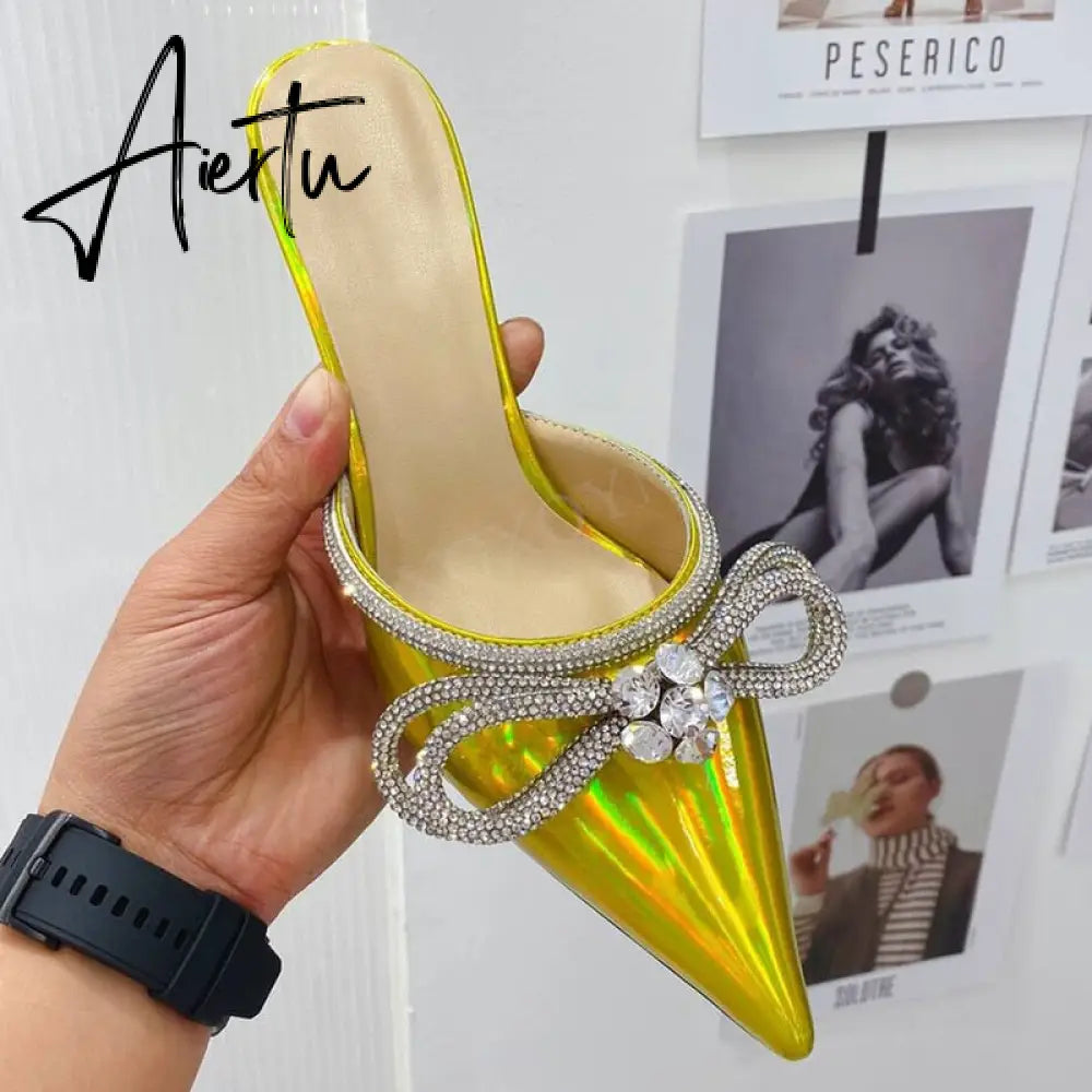 High Quality Pointed Toe Clear Slippers Women bling bling Bow Knot Sandals Summer Dress Bridal Wedding Cinderella Crystal Shoes Aiertu