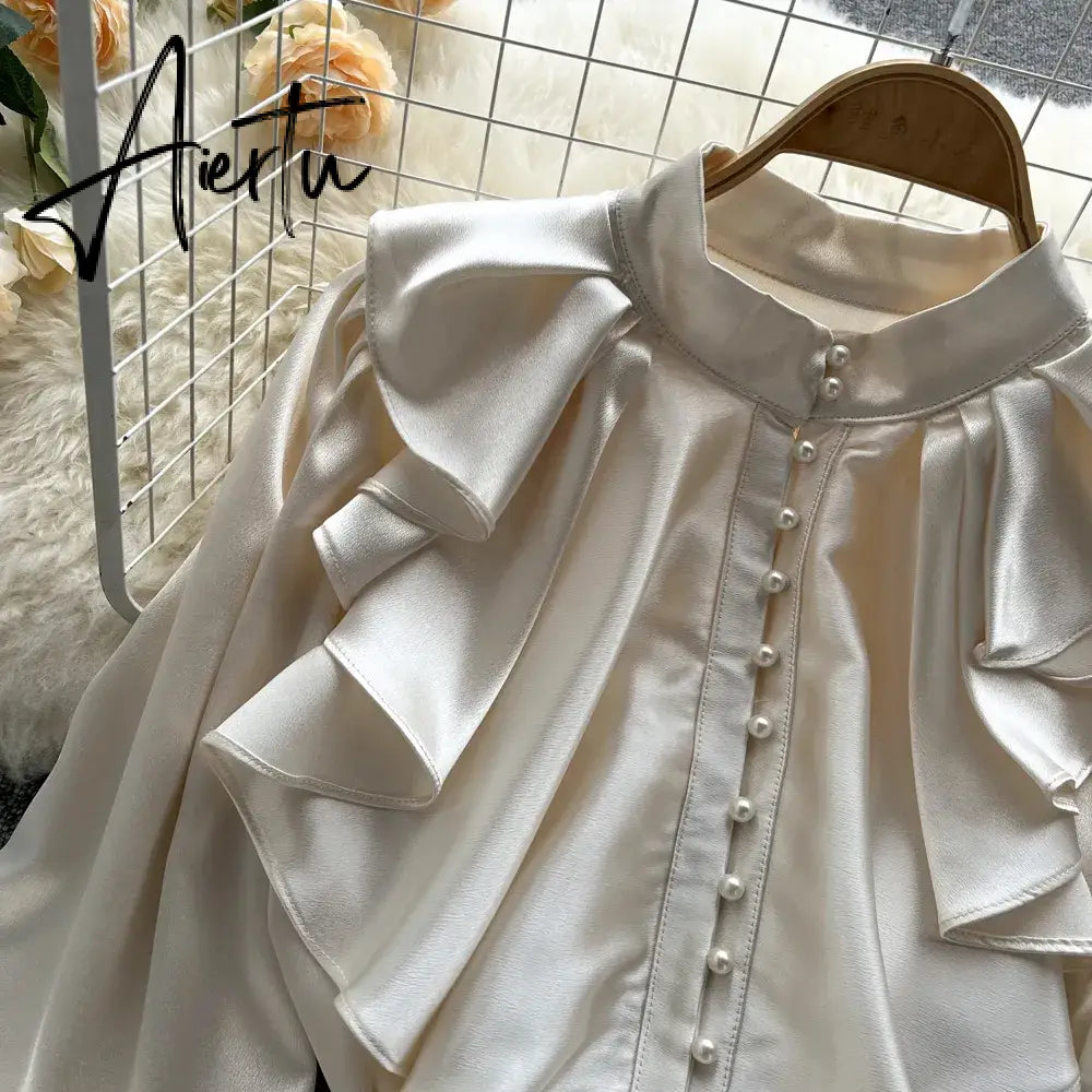 High Quality Satin Loose Shirt Long Flared Sleeves Ruffles O Neck Beading  Women Gentle Office Lady Casual Blouse Aiertu