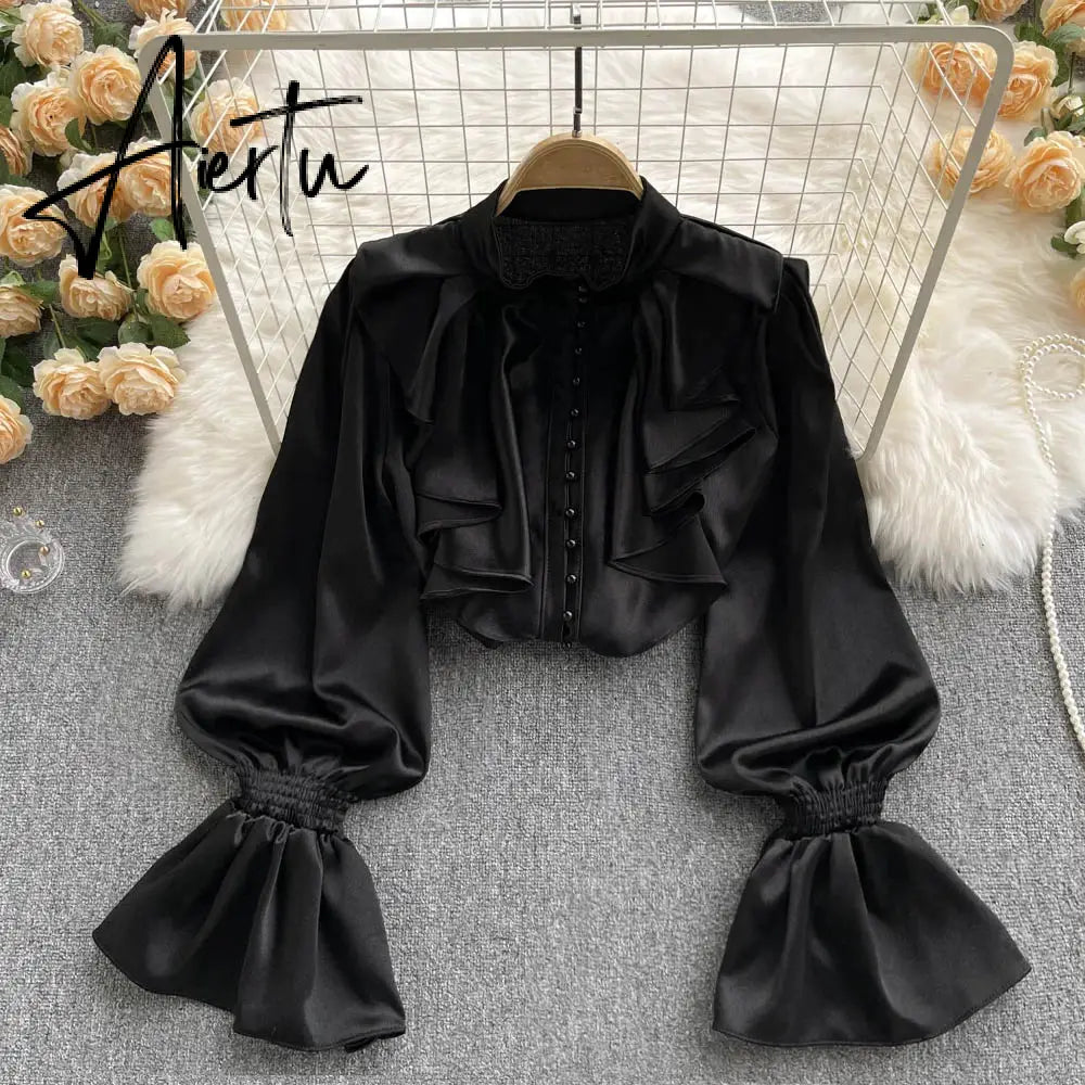 High Quality Satin Loose Shirt Long Flared Sleeves Ruffles O Neck Beading  Women Gentle Office Lady Casual Blouse Aiertu