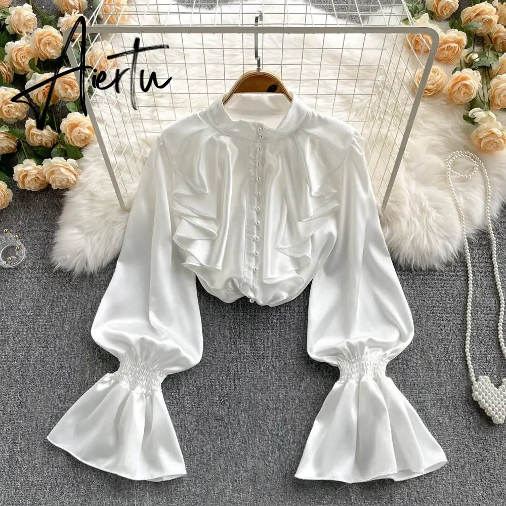 High Quality Satin Loose Shirt Long Flared Sleeves Ruffles O Neck Beading  Women Gentle Office Lady Casual Blouse Aiertu