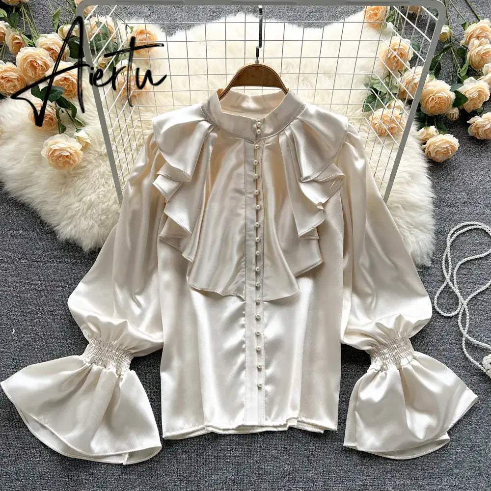 High Quality Satin Loose Shirt Long Flared Sleeves Ruffles O Neck Beading  Women Gentle Office Lady Casual Blouse Aiertu