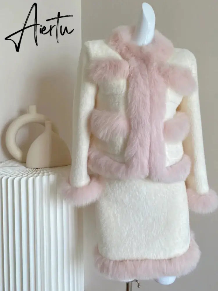 High Quality Winter Plush Thick Warm Wool Two Piece Set For Women Jacket Coat + Skirt Suits Girl Korean Sweet 2 Piece Outfits Aiertu
