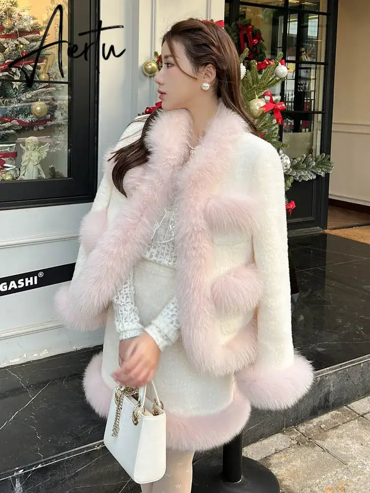 High Quality Winter Plush Thick Warm Wool Two Piece Set For Women Jacket Coat + Skirt Suits Girl Korean Sweet 2 Piece Outfits Aiertu
