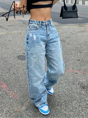 High Waist Jeans Women Baggy Jeans  New Fashion Straight Leg Pants Y2k Denim Trousers Vintage Loose Blue Washed Mom Jeans Aiertu