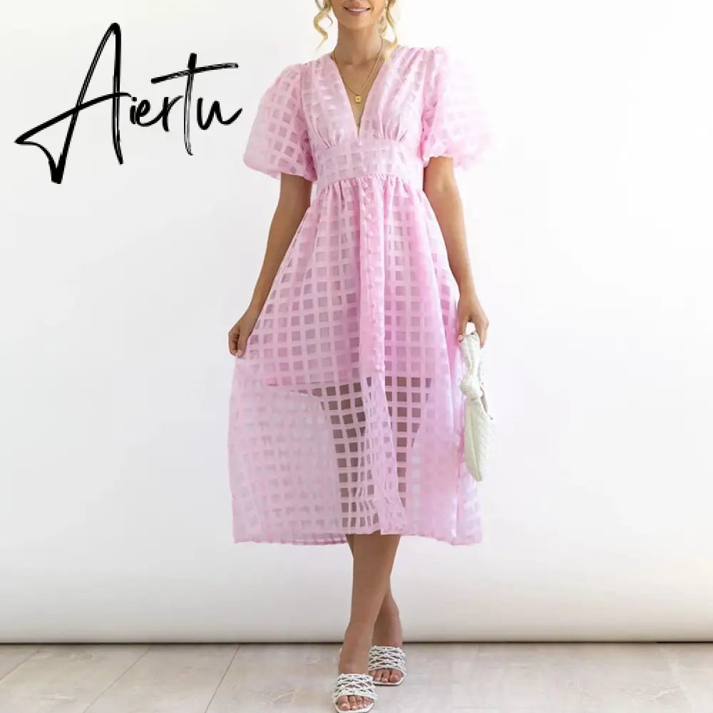 High Waist Lantern Sleeve V Neck Dress Solid Color Mesh Yarn Button Long Dress Casual Elegant Party Dresses Women Summer Vestido Aiertu