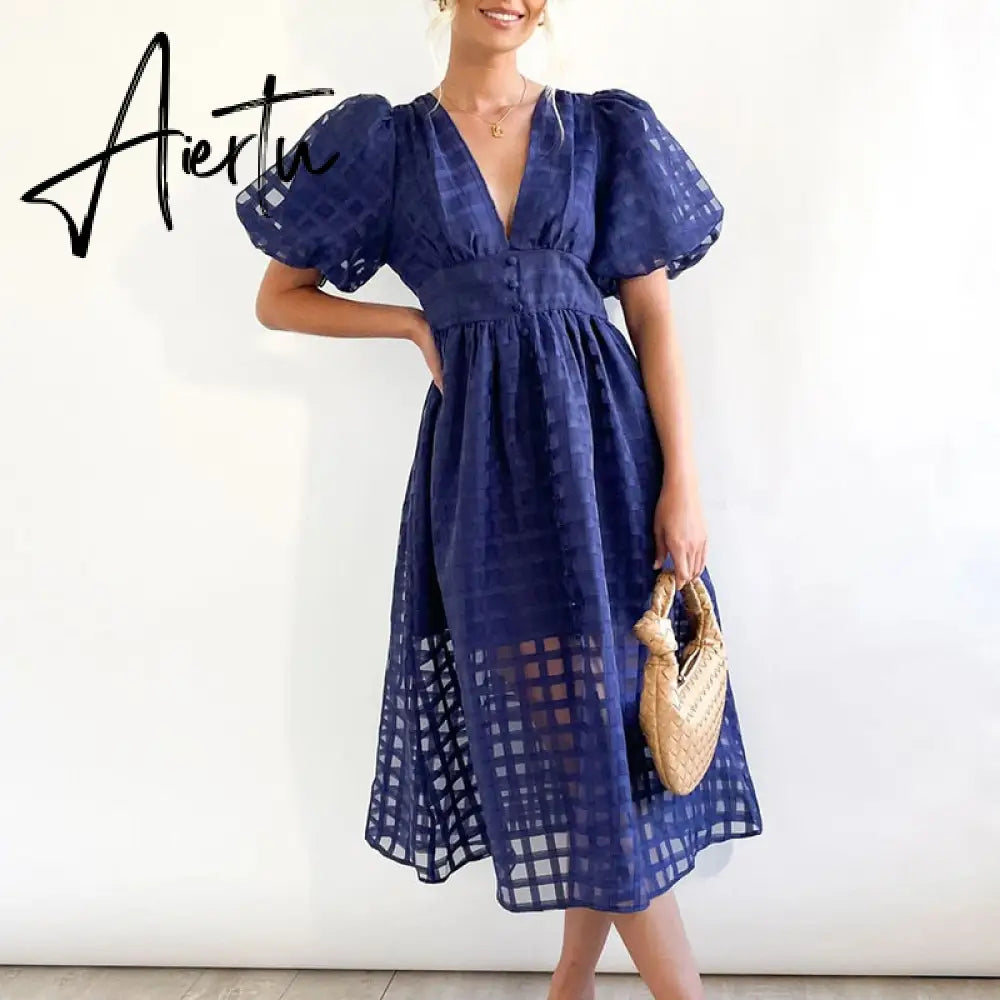 High Waist Lantern Sleeve V Neck Dress Solid Color Mesh Yarn Button Long Dress Casual Elegant Party Dresses Women Summer Vestido Aiertu