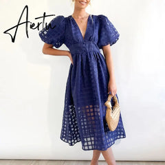 High Waist Lantern Sleeve V Neck Dress Solid Color Mesh Yarn Button Long Dress Casual Elegant Party Dresses Women Summer Vestido Aiertu