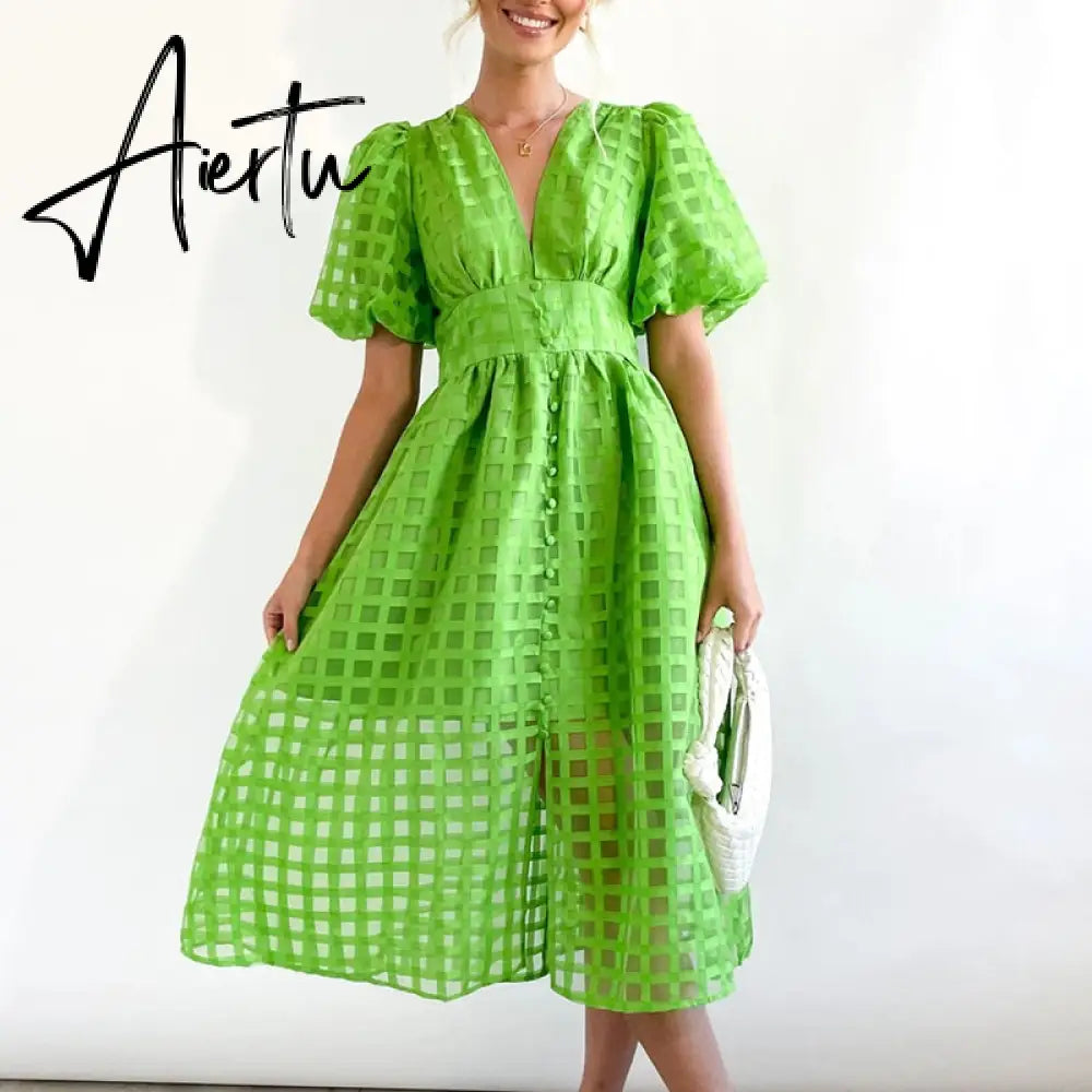 High Waist Lantern Sleeve V Neck Dress Solid Color Mesh Yarn Button Long Dress Casual Elegant Party Dresses Women Summer Vestido Aiertu