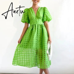 High Waist Lantern Sleeve V Neck Dress Solid Color Mesh Yarn Button Long Dress Casual Elegant Party Dresses Women Summer Vestido Aiertu