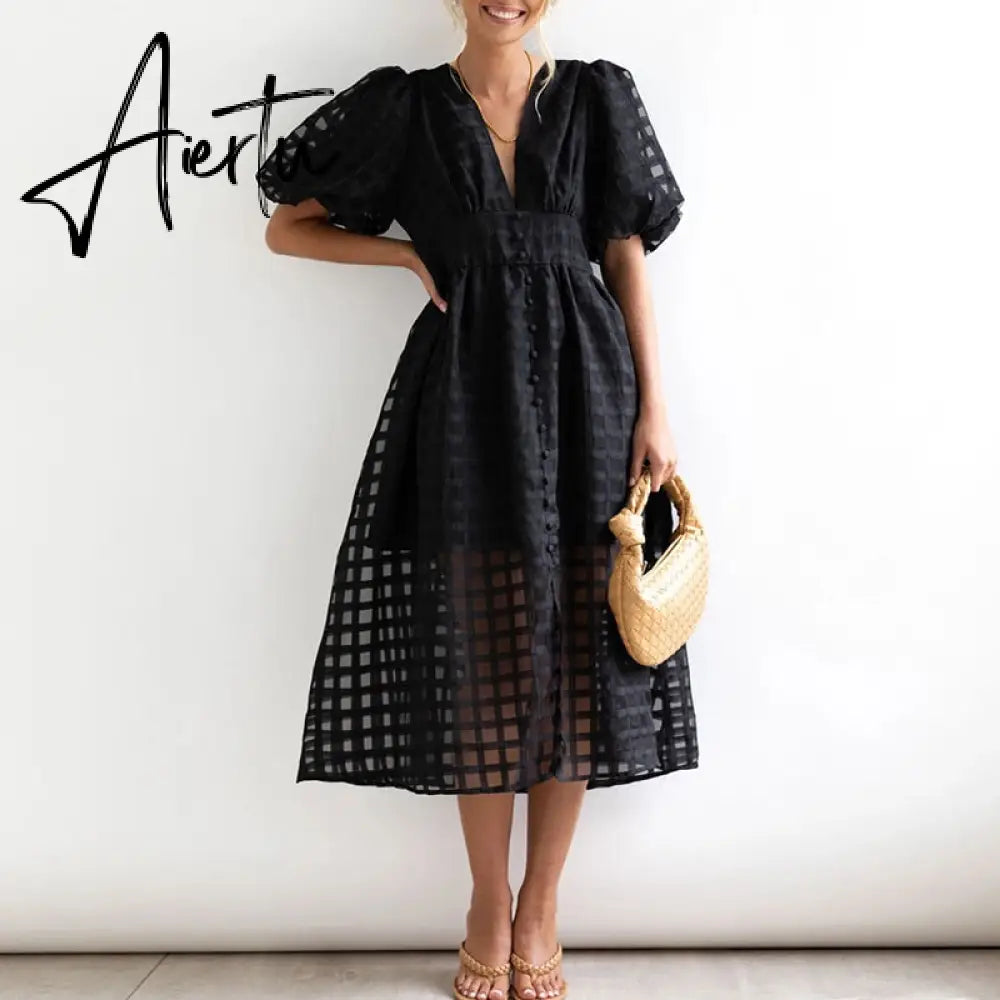 High Waist Lantern Sleeve V Neck Dress Solid Color Mesh Yarn Button Long Dress Casual Elegant Party Dresses Women Summer Vestido Aiertu