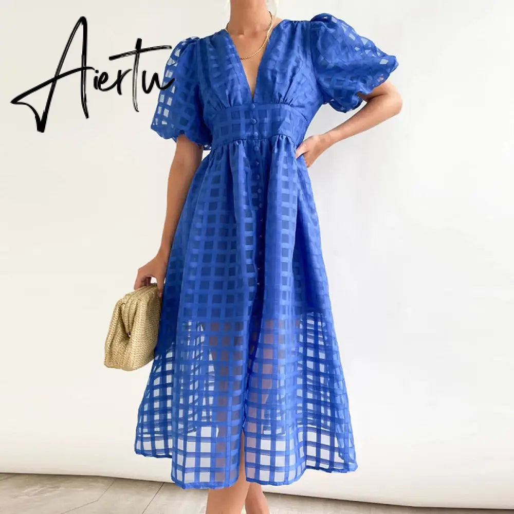 High Waist Lantern Sleeve V Neck Dress Solid Color Mesh Yarn Button Long Dress Casual Elegant Party Dresses Women Summer Vestido Aiertu