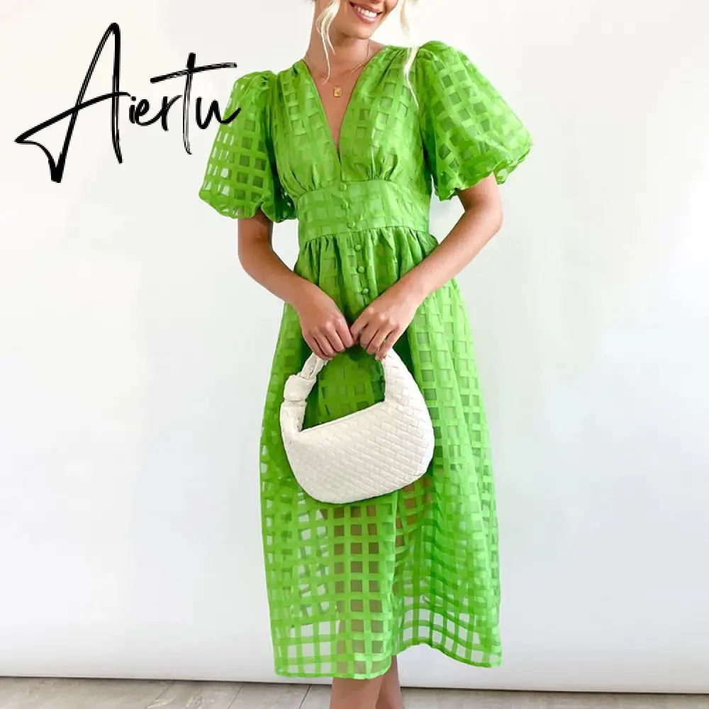 High Waist Lantern Sleeve V Neck Dress Solid Color Mesh Yarn Button Long Dress Casual Elegant Party Dresses Women Summer Vestido Aiertu