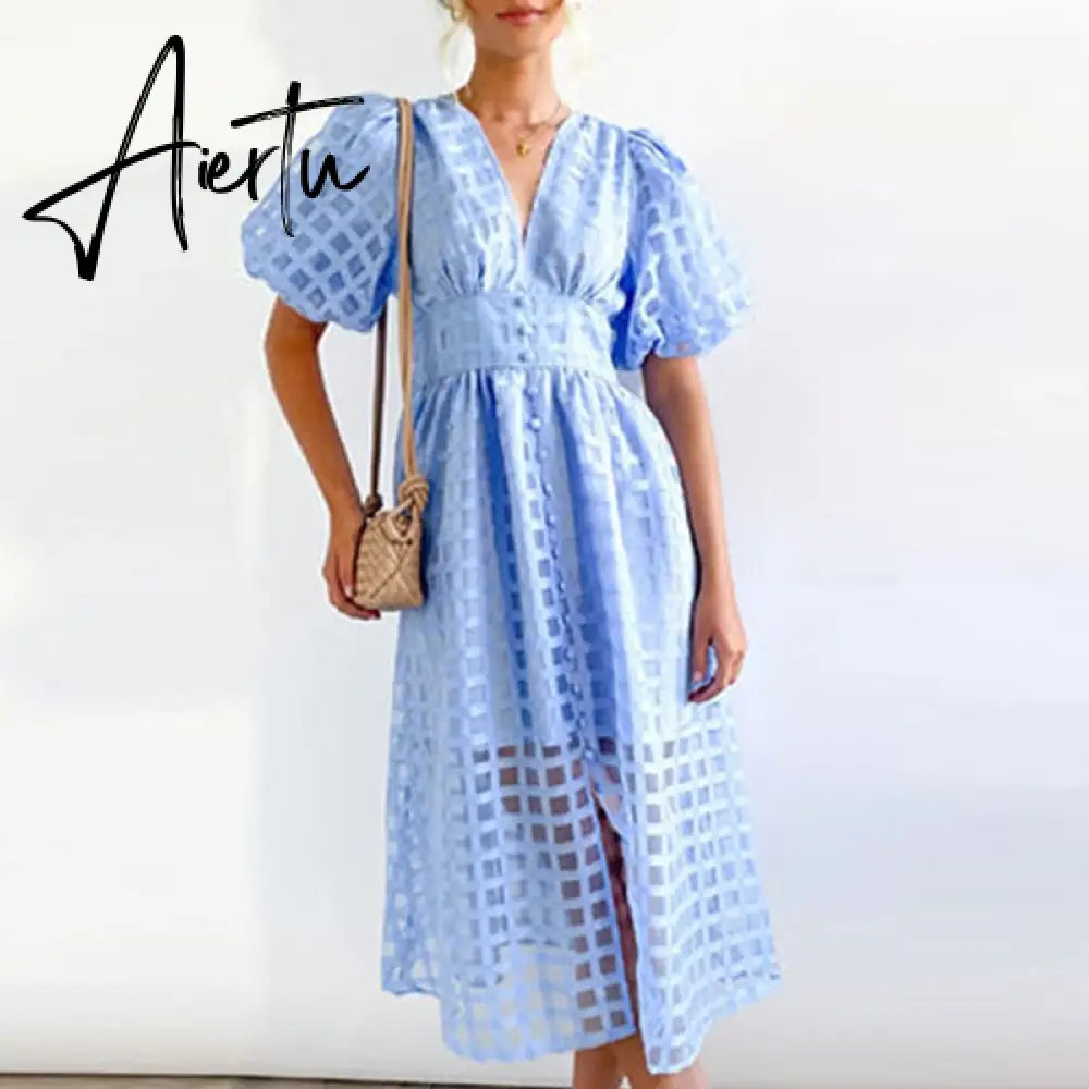 High Waist Lantern Sleeve V Neck Dress Solid Color Mesh Yarn Button Long Dress Casual Elegant Party Dresses Women Summer Vestido Aiertu