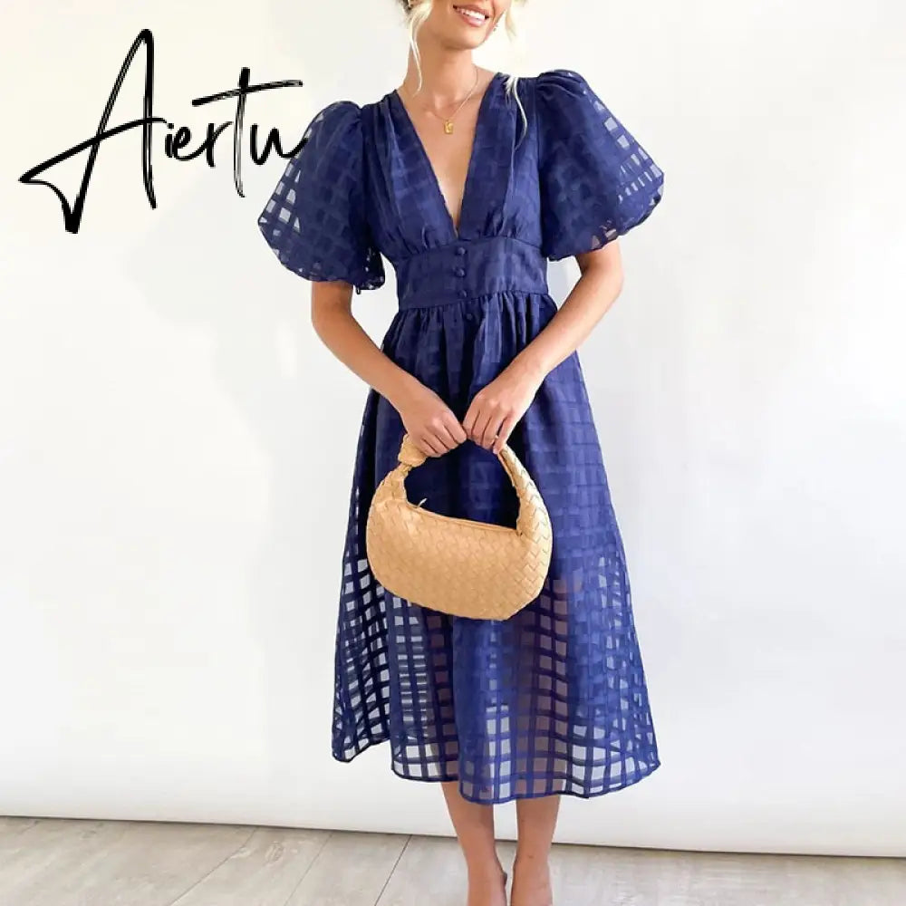 High Waist Lantern Sleeve V Neck Dress Solid Color Mesh Yarn Button Long Dress Casual Elegant Party Dresses Women Summer Vestido Aiertu